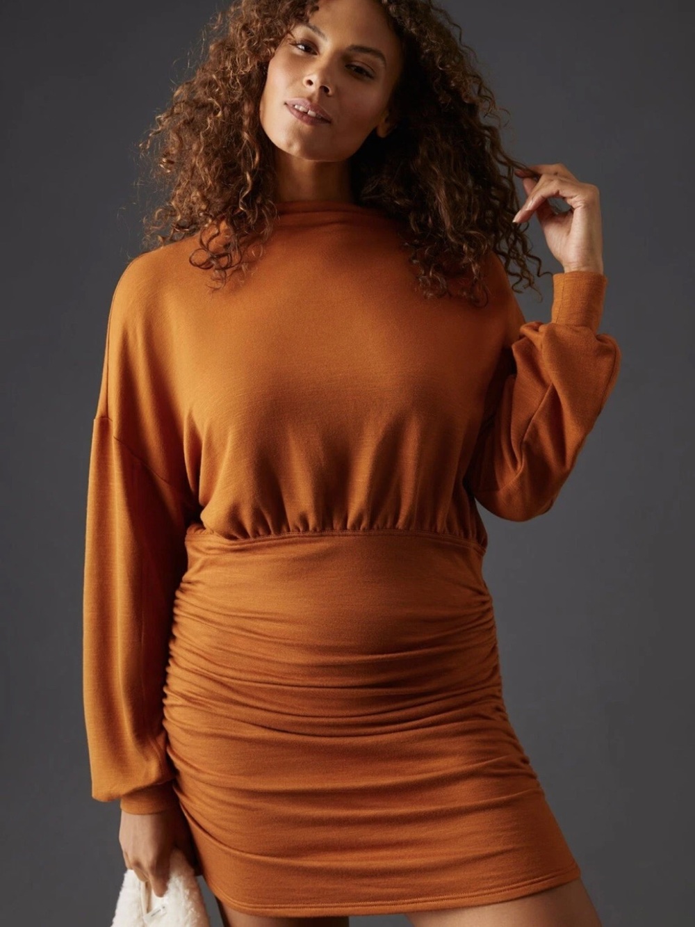 Daily Practice by Anthropologie Ruched Cozy Dress Brown With Open Back- Size XS